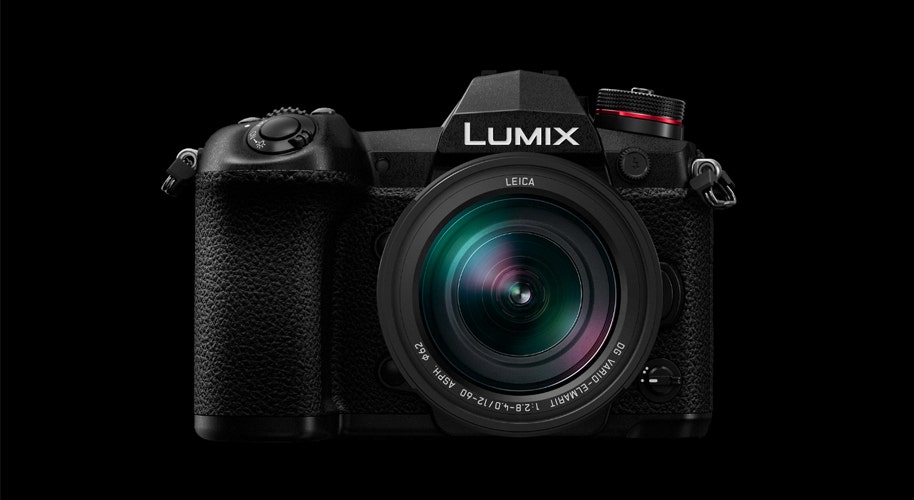 A Panasonic Lumix G9 camera with lens and compact design.