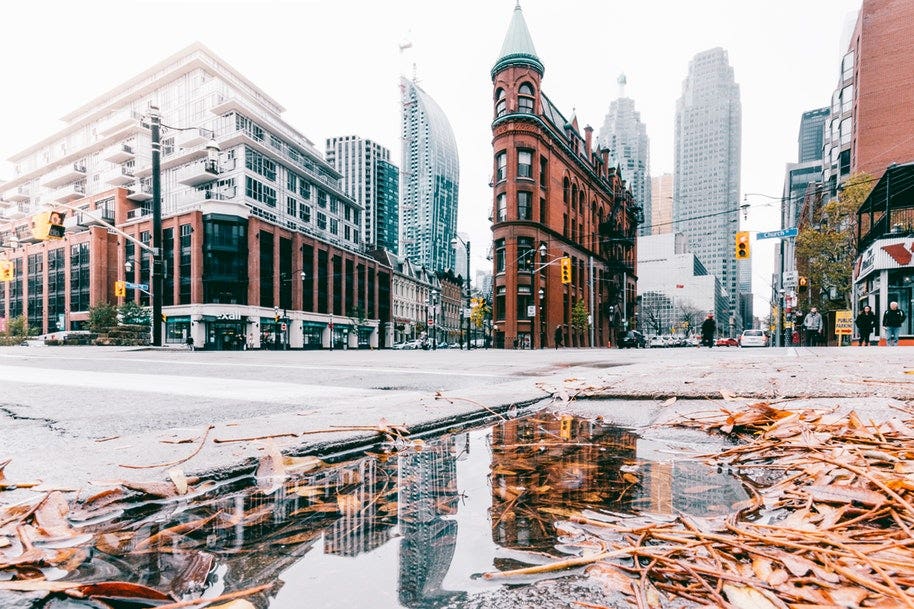 reflection of buildings in puddle