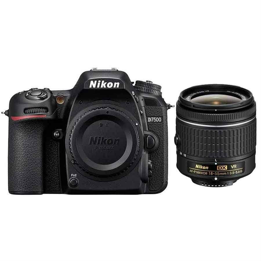 Nikon D7500 camera with lens on the side against white background