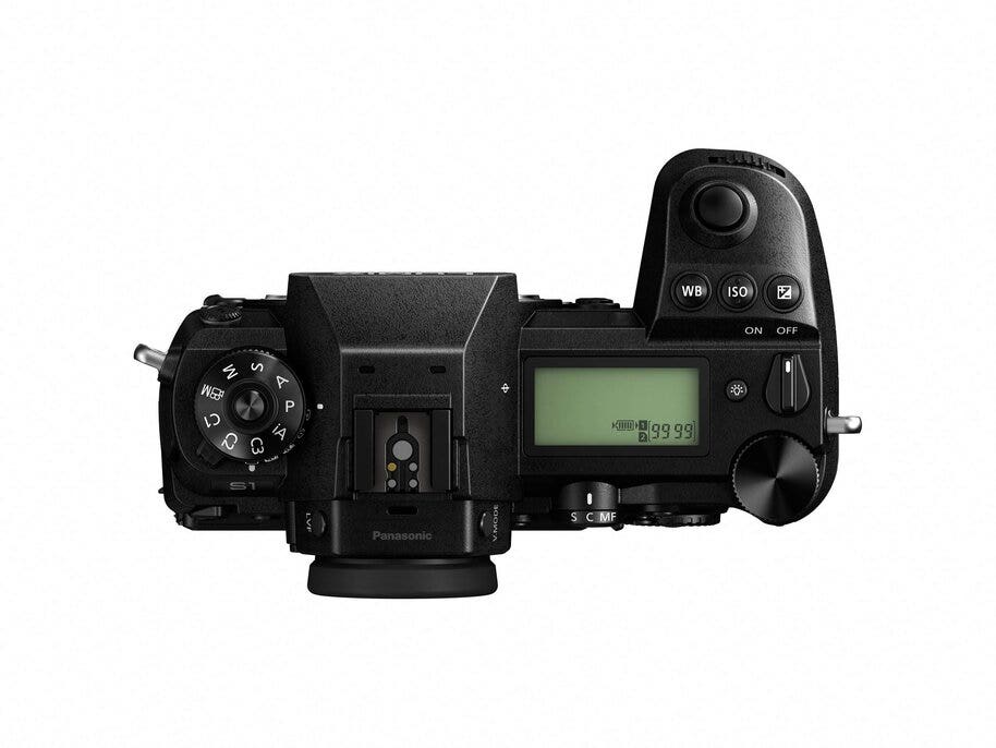 The Panasonic Lumix S1 camera from above with top LCD and control dials.