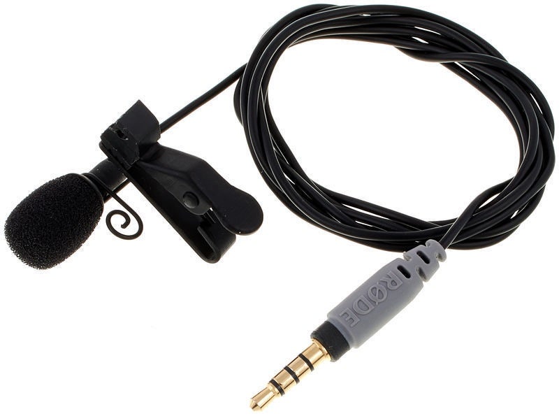 A Rode smartlav+ lavalier microphone with mounting clip.