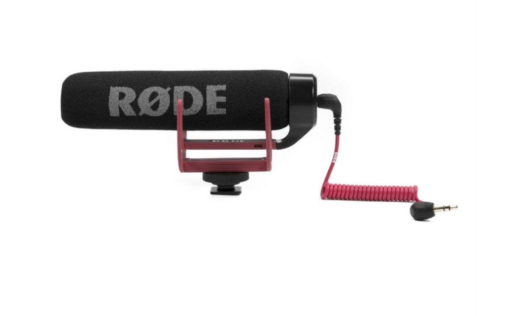 A Rode VideoMic Go shotgun microphone with a red frame.