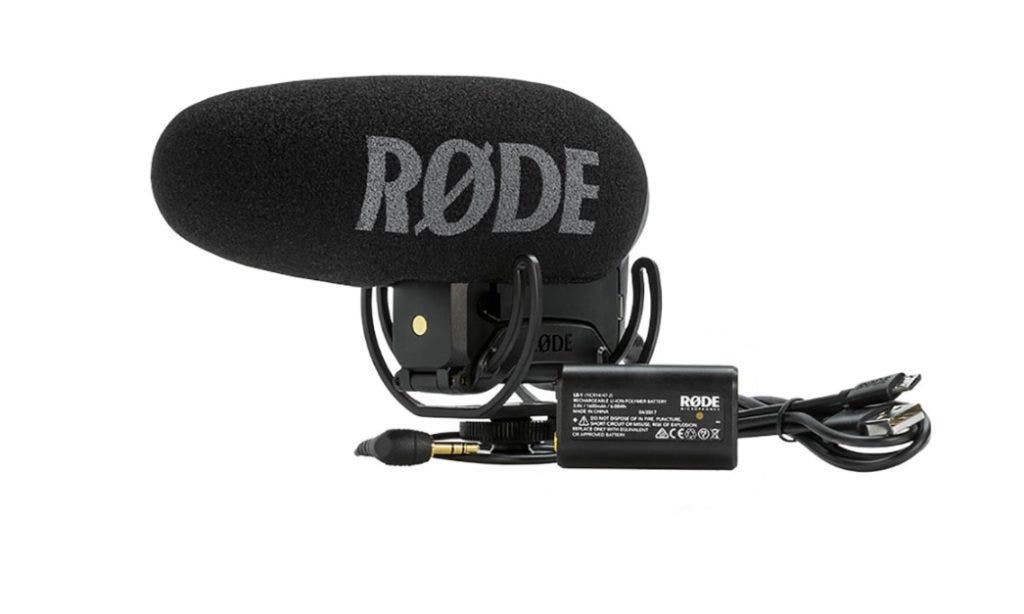 A Rode VideoMic Pro shotgun microphone with cable.