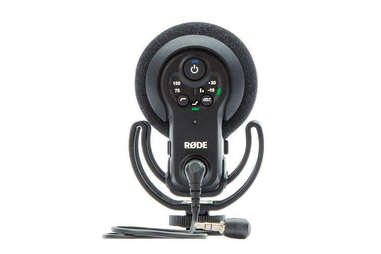 A Rode VideoMic Pro Plus microphone with controls.