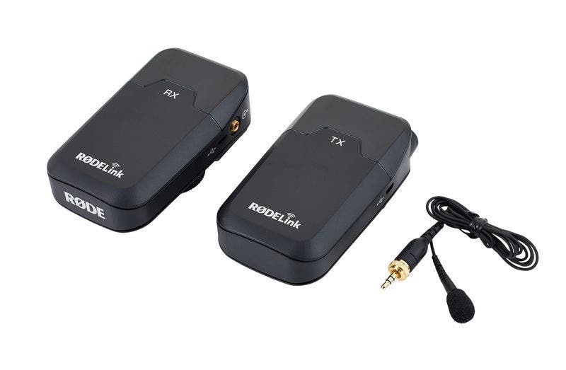 A Rodelink filmmakers kit with transmitter, receiver, and lav mic.