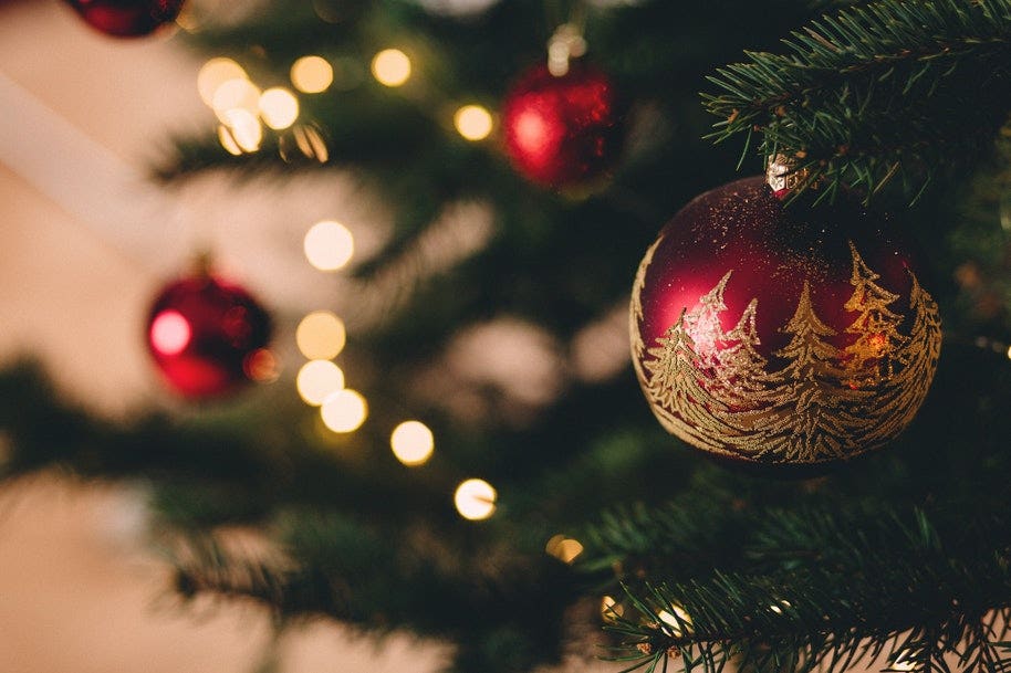 A detailed bauble hanging on a Christmas tree