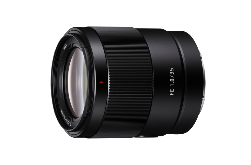 The Sony FE 35mm f/1.8 prime lens against a white background