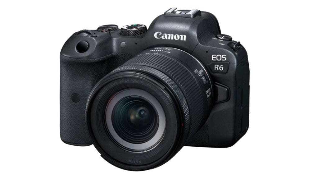 Front of the Canon EOS R6 camera with lens against white background.